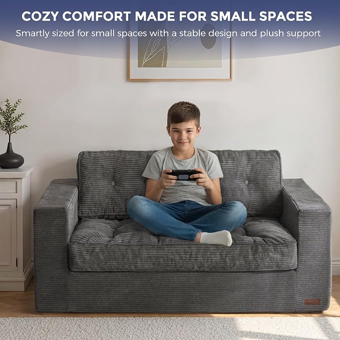 MAXYOYO Loveseat Sofa Couch, Upholstered Bean Bag Chair Cloud 2-Seat for Adults, Boneless Couch with Tufted Cushion & Pillows, Sofa in A Box, No Assembly Required, Dark Grey
