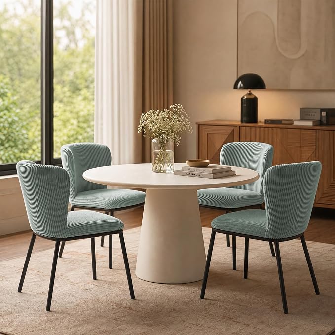 SIMTONAL Upholstered Dining Chairs Set of 4, Corduroy Armless Kitchen Chairs with Memory Foam Seat, Black Metal Legs, Mid Century Modern Accent Seating for Apartment, Vanity, [Sage Green]