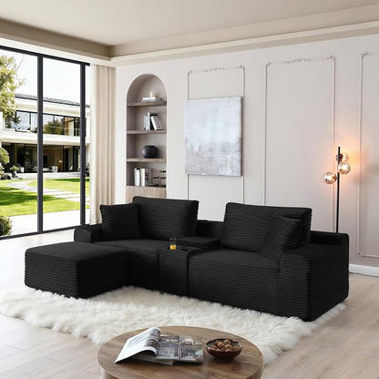 ivoros 111 Inch Modular Sectional Sofa Couch, Oversized Modern Cloud Couch for Living Room, L Shape Couches with Ottomans, USB Ports and Cup Holders, Black Corduroy Boneless Sofas, Sofa in a Box