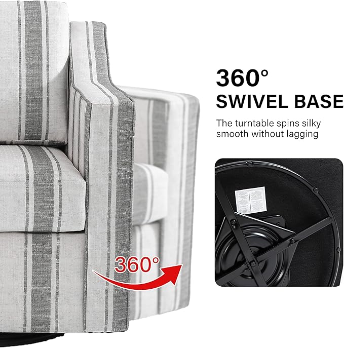 Swivel Accent Chair, Modern Round Barrel Arm Chair for Living Room, Bedroom, Comfy Club Reading Chairs for Adults (Stripe Grey, Set of 2)