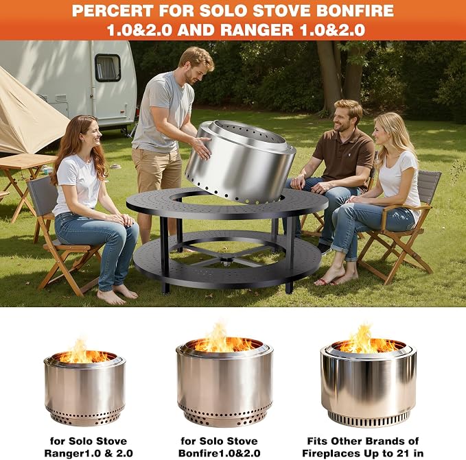 Fire Pit Surround Tabletop for Solo Stove Bonfire 1.0&2.0,Ranger 1.0&2.0, 41" Fire Pit Surround Tabletop with Wood Storage Shelf,Powder-Coated Steel Surround Tabletop with Extra Space and Raised Stand