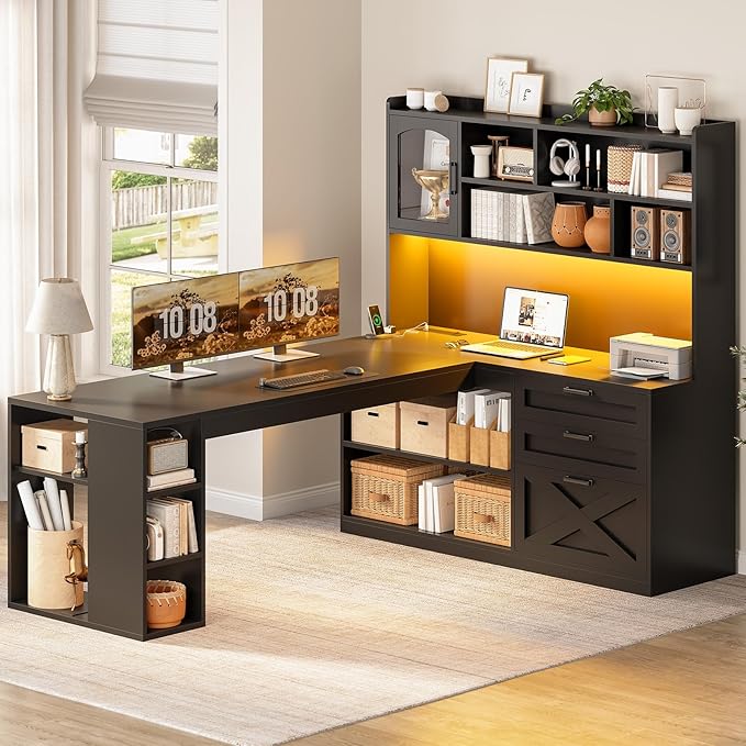SEDETA Farmhouse L Shaped Gaming Desk, 61” Corner Computer Desk with Storage Drawers and Power Outlet, Corner Gaming Desk with LED Light and Bookshelf Shelves for Home Office, Black