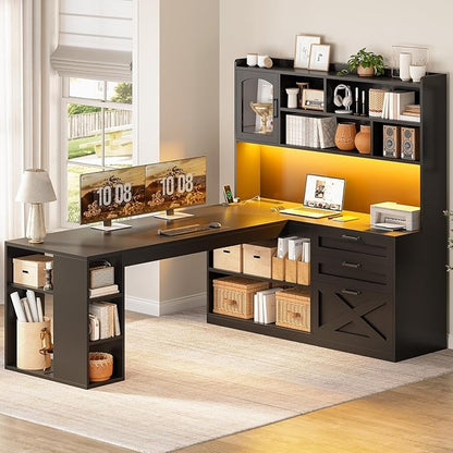 SEDETA Farmhouse L Shaped Gaming Desk, 61” Corner Computer Desk with Storage Drawers and Power Outlet, Corner Gaming Desk with LED Light and Bookshelf Shelves for Home Office, Black