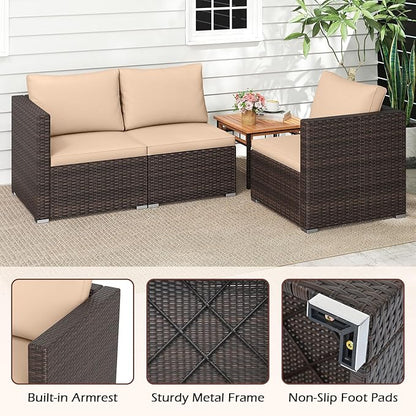 Tangkula 3 Seat Outdoor Wicker Sofa Set, Modular PE Rattan Patio Cushioned Sectional Couch Set, Outside Furniture Set for Deck, Backyard, Porch, Garden & Poolside (Brown-Beige)