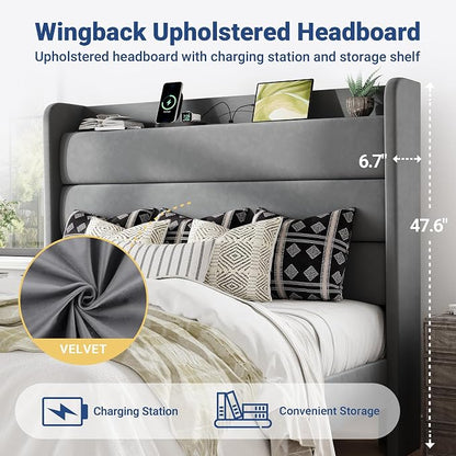 Allewie Full Size Upholstered Bed Frame with Charging Station & Storage Headboard, Soft Velvet Wingback Platform Bed, Strong Wooden Slats Support, No Box Spring Needed, Easy Assembly, Light Grey