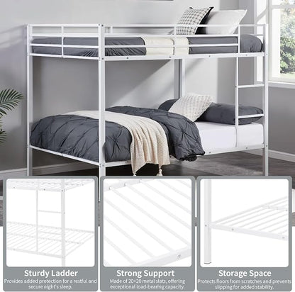 EMKK Metal Bunk Bed Full Over Full with Safety Guardrails,Bedframe,Bunk Beds for Dorm,Bedroom,Guest Room,Heavy Duty Metal Slats, Noise Free, No Box Spring Needed, White