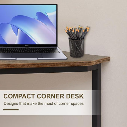 VECELO Corner Desk,Office Tables for Living Room for Small Space Triangle Computer Desk with Steel Frame Corner Shelves with Metal Frame Writing Desk for Workstation Classic Brown 33.1"