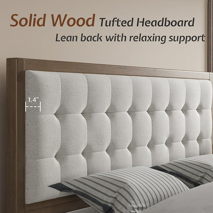 Jocisland Solid Wood Full Size Bed Frame 50.2" Tall Upholstered Headboard, Mid-Century Style, Stable Platform Support, No Box Spring Needed, Ash Gray
