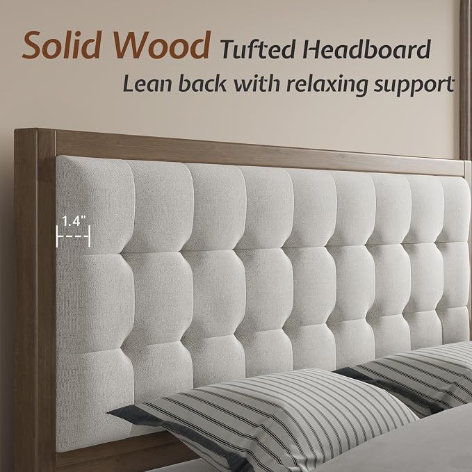 Jocisland Solid Wood King Size Bed Frame 50.2" Tall Upholstered Headboard, Mid-Century Style, Stable Platform Support, No Box Spring Needed, Ash Gray