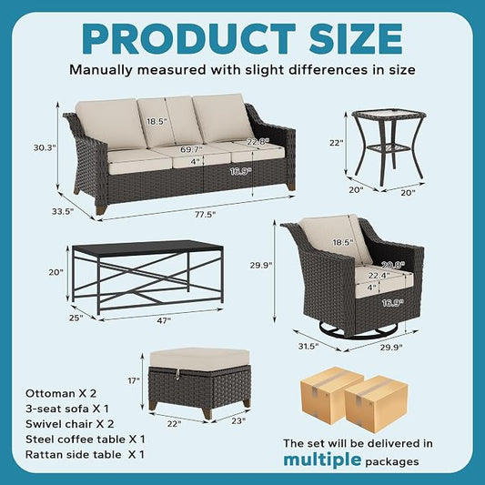 7 Pieces Outdoor Conversation Furniture Set - 77" Patio Sofa, 2 Swivel Rocker Chairs, 2 Ottomans, 1 Side Table, 1 Metal Table, Wicker Couch with Washable Cushions for Balcony (Beige)