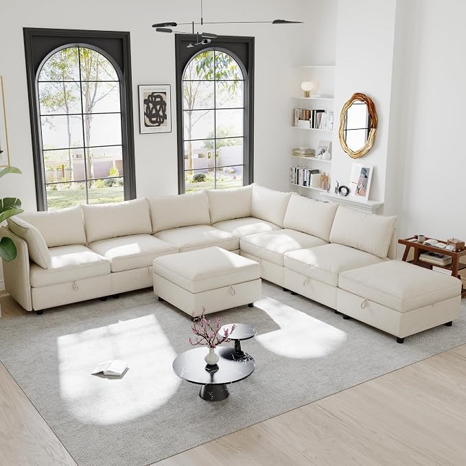 129-Inch Oversized 8 Seat Modular Cloud Sofa Deep Seat Storage Sectional Sofa Couch Free Combination W/Movable Ottomans,L/U Shaped Chenille Upholstered Convertible Sleeper Couch for Home Apartment