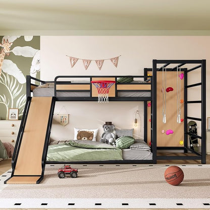 Harper & Bright Designs Full Size Metal Bunk Bed with Slide & Built-in Bookshelve & Basketball Hoop & Climbing Wall for Bedroom, Yellow+Black