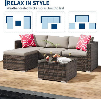 5 Piece Outdoor Patio Furniture Set, Rattan Deck Conversation Sofa Set with Non-Slip Cushions, All-Weather Sectional Sofa with Glass Storage Table and Balcony Footstool, Poolside, Garden, Brown+Gray