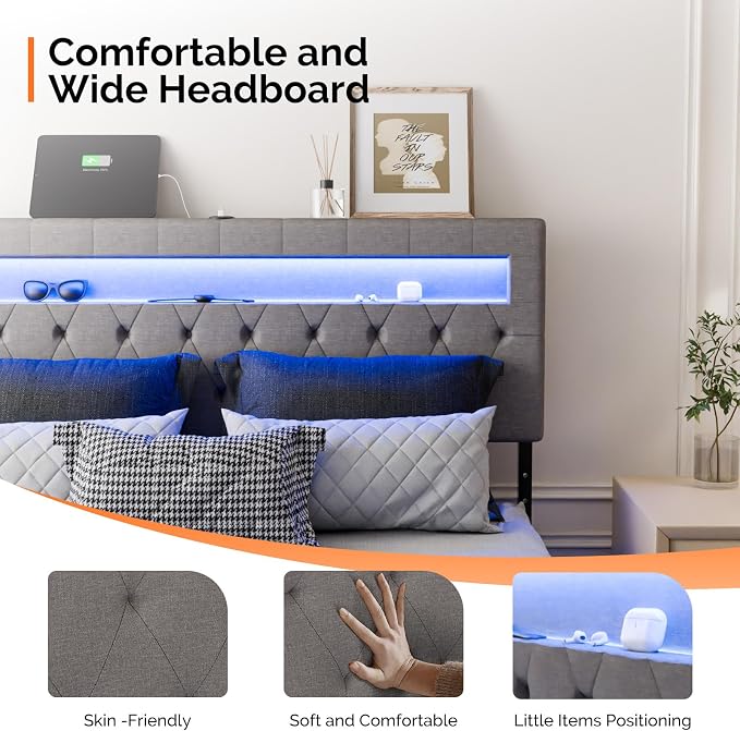 VINGLI Full Size Floating Bed Frame with LED Lights, Adjustable Velvet Upholstered Bed with Charging Station, Modern Metal Full Bed, Easy Assembly, No Box Spring Needed, Grey
