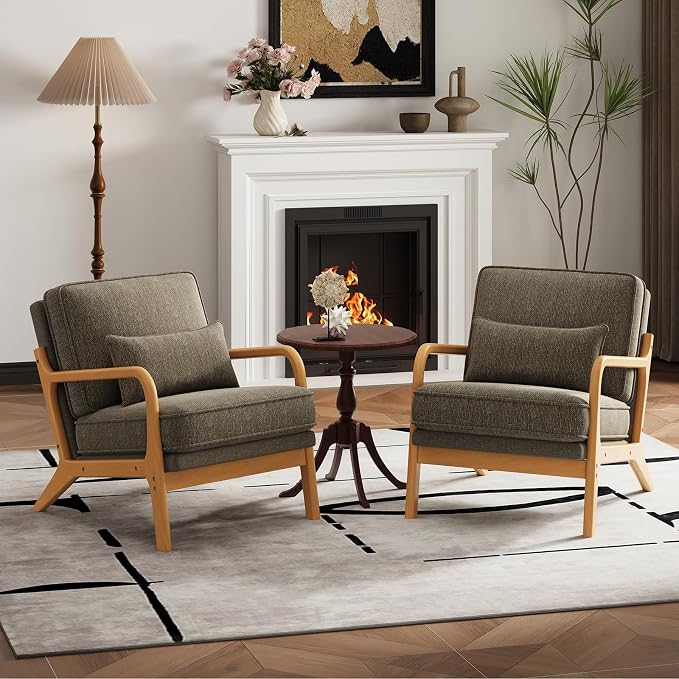 MALOL Accent Chair Set of 2 with Solid Wood Frame, Mid-Century Relaxing Armchair Lumbar Pillow& Soft Cushion, Reading Leisure Chair for Living Room, Bedroom, Waiting Room-Green
