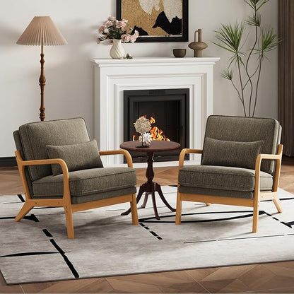 MALOL Accent Chair Set of 2 with Solid Wood Frame, Mid-Century Relaxing Armchair Lumbar Pillow& Soft Cushion, Reading Leisure Chair for Living Room, Bedroom, Waiting Room-Green