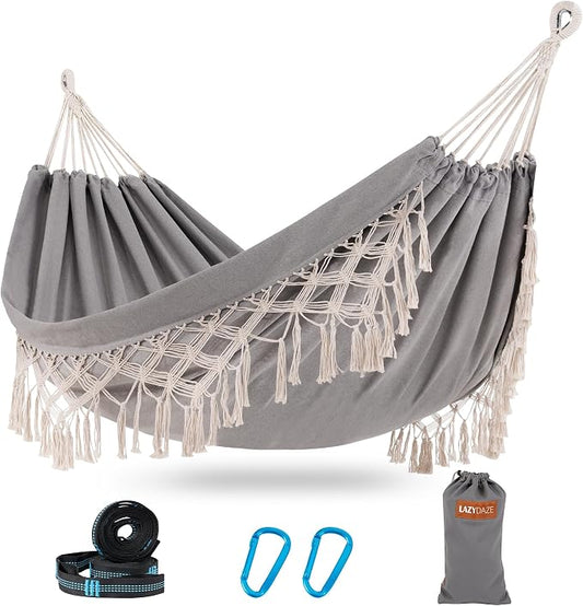 Lazy Daze Hammocks Double Brazilian Cotton Hammock, Extra Large Portable Outdoor Camping Hammock with Tree Straps & Travel Bag for Backyard Patio Poolside Indoor, 550lbs Capacity, Light Gray