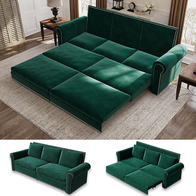 93.7" King Size Sleeper Sofa Bed, Pull Out Sofa Bed, Velvet Upholstery, 3 in 1 Convertible Sleeper Couch, Chaise Lounge, Retro Recliner for Living Room, Office, Apartment, Green