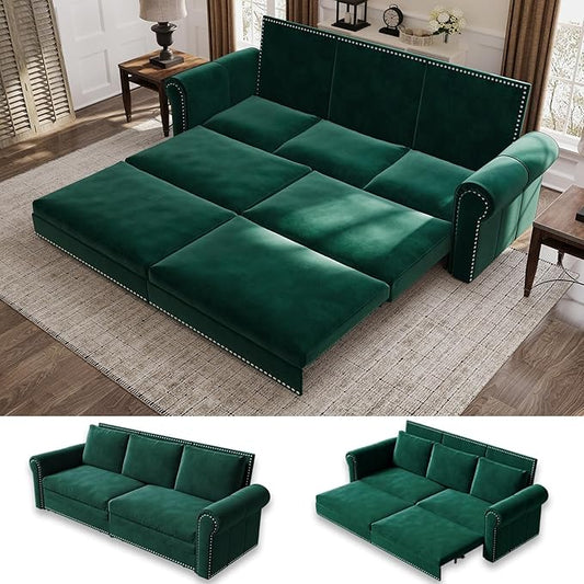 93.7" King Size Sleeper Sofa Bed, Pull Out Sofa Bed, Velvet Upholstery, 3 in 1 Convertible Sleeper Couch, Chaise Lounge, Retro Recliner for Living Room, Office, Apartment, Green