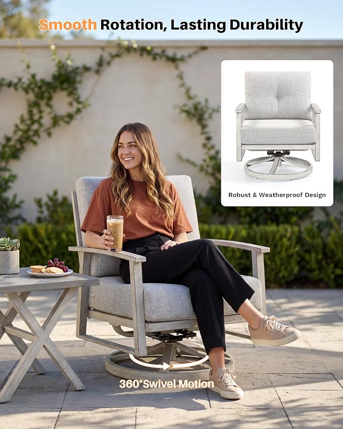 Outdoor Swivel Sofa Chairs Set of 2, Never Rusts All-Aluminum Outdoor Swivel Armchairs Set with Thick Cushions, 2-Piece All Weather Patio Sofa Chairs for Garden, Poolside, Lawn, White Oak