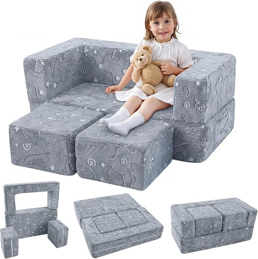 MeMoreCool Dinosaur Glow Foam Kids Play Couch Set, Gray Modular Sofa & Lounger – Glow-After-Light Dinosaur Pattern, Machine-Washable Cover
