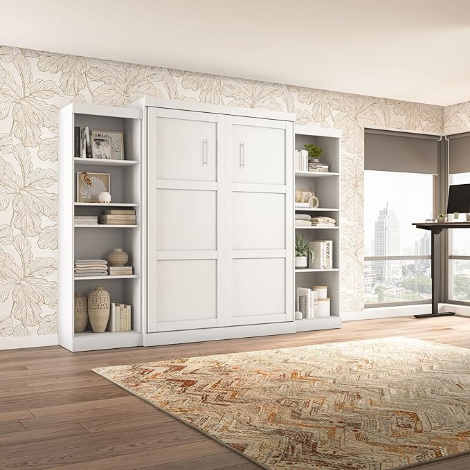 Bestar Pur Queen Murphy Bed and 2 Shelving Units, 115-inch Space-Saving Sleeping Arrangement with Storage in White