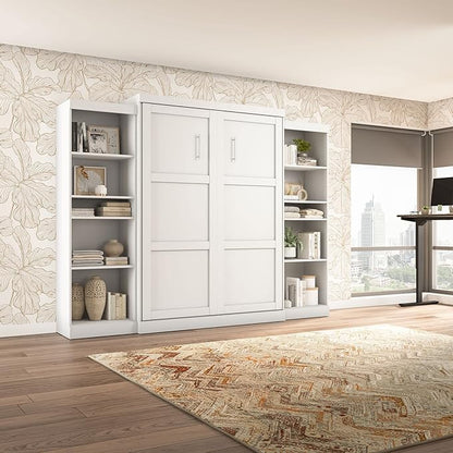 Bestar Pur Queen Murphy Bed and 2 Shelving Units, 115-inch Space-Saving Sleeping Arrangement with Storage in White