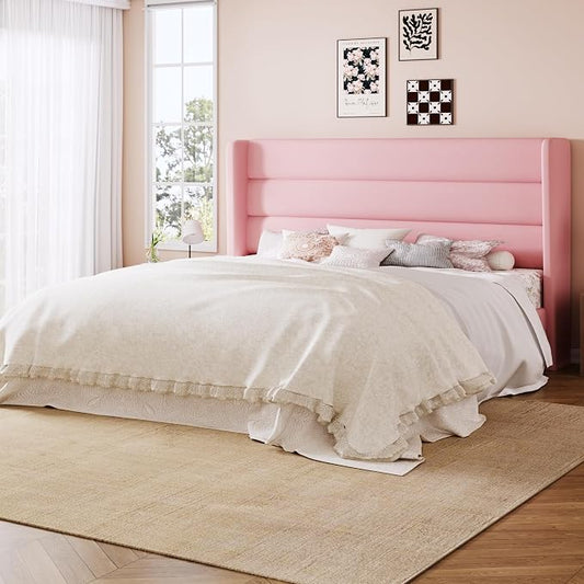 Allewie King Size Platform Bed Frame with Velvet Upholstered Wingback Headboard, No Box Spring Needed, Under Bed Storage Space, Strong Wooden Slats, Modern Mattress Foundation, Easy Assembly, Pink