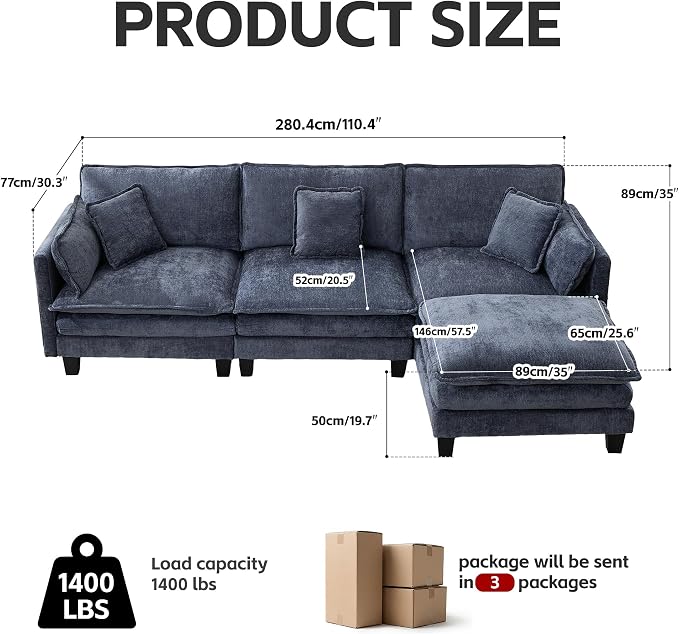 Opiesit Modular Sectional Sofa with Movable Ottoman, 110" 4-Seat Modern Couches for Living Room, Comfy L Shaped Couch Set with Deep Seat for Office and Apartment, Blue Chenille Fabric
