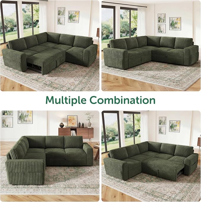 HONBAY Modular Sectional Sleeper Sofa with Pull Out Bed,Corduroy L Shaped Couch with Storage, Sectional Couches for Living Room,Green