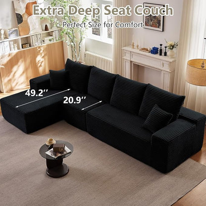 135" Modular Sectional Couches for Living Room, Comfy Boneless L Shaped Cloud Couch with Chaise Lounge, Modern Cozy Corduroy Deep Seat Floor Sofa, Memory Foam, No Assembly Required, Black