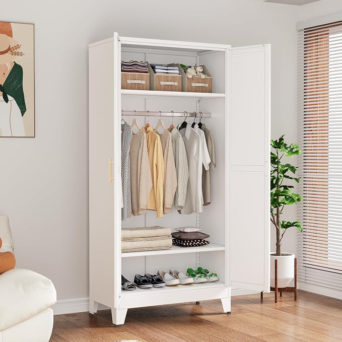 Ckzbx 71" H Metal Armoire Wardrobe Closet, Adjustable Shelve, Clothes Drying Pole, Steel Wardrobe Cabinet for Bedroom (White)
