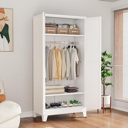 Ckzbx 71" H Metal Armoire Wardrobe Closet, Adjustable Shelve, Clothes Drying Pole, Steel Wardrobe Cabinet for Bedroom (White)