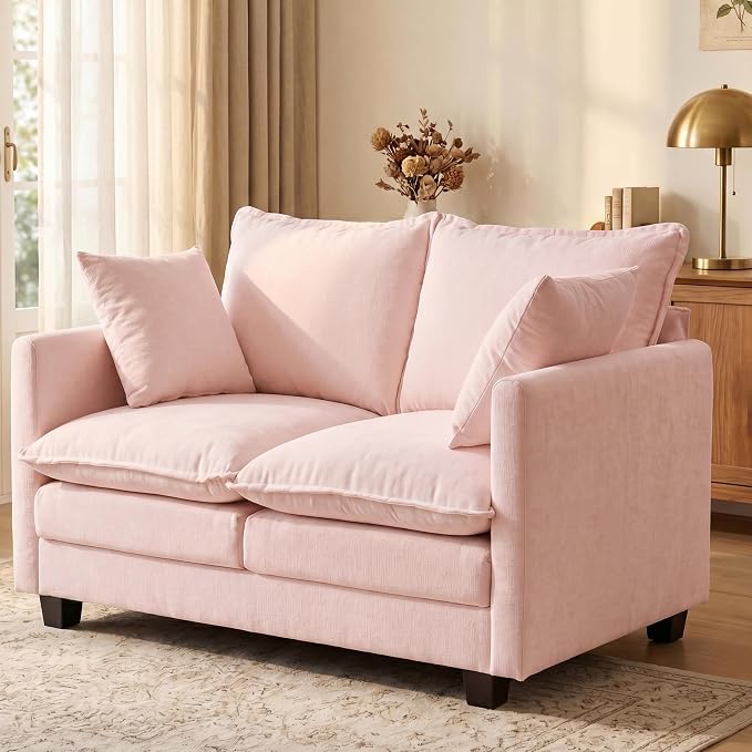 Loveseat Sofa with Cloud 3-Layer Cushion & 27" Deep Seat, Modern Love Seat Small Couch with 2 Washable Pillows for Small Spaces, Bedroom, Apartment, Office, Living Room, in a Box, 50-Inch Blush Pink