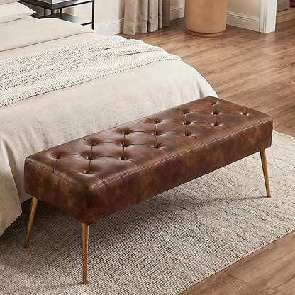 DUHOME Button-Tufted Ottoman Bench, Upholstered Bedroom Benches with Gold Legs Faux Leather Bench for Entryway Dining Room Living Room Bedroom End of Bed, Yellowish Brown