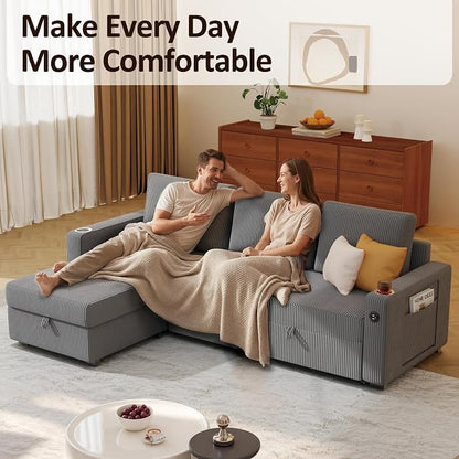 Ball & Cast 80" Sectional Sleeper Sofa Bed Pull Out Couches for Living Room | L Shaped Convertible Pull Out Sofa Bed with Storage Chaise, Foldable Table, USB Port, Cup Holder, Side Pocket for Small Space
