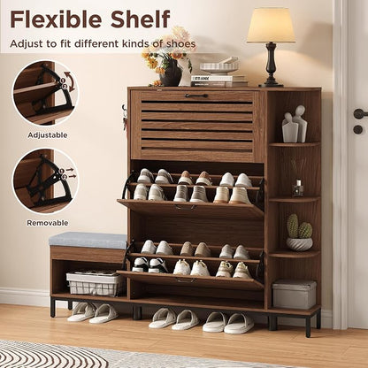Maupvit Narrow Shoe Cabinet with Bench for Entryway, 3 Flip Louvered Doors & Side Storage Cabinet, 44" H Shoes Organizer with Upholstered Seat & Hooks for Front Door Entrance, Walnut