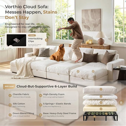 Cloud Couch Sectional 146.5'' Oversized Modular Deep Seat Sofa Bed Comfy White Cloud Couch with Washable Cover for Living Room 4 Seater with 4 Ottoman
