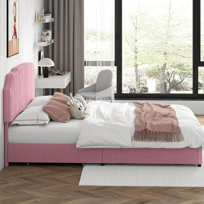 VECELO Queen Upholstered Platform Bed Frame with 4 Storage Drawers,Velvet Vintage Queen Bed with Nailhead Trim,Tufted Height Adjustable Headboard,Wooden Slats/No Box Spring Needed/Easy Assembly