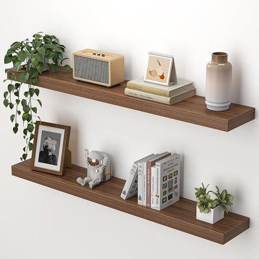Heimlove 36 Inch Floating Shelves for Wall,Mounted Storage & Display Wood Shelves with Invisible Brackets,Hanging Shelf for Bedroom Living Room Kitchen Office,Set of 2,Walnut Color