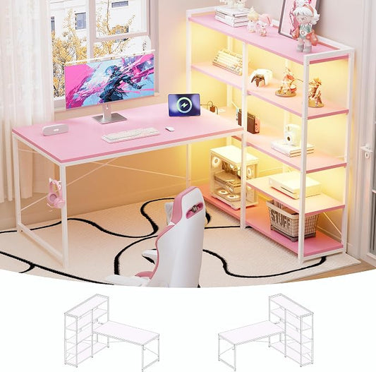 Pamray 49 Inch L Shaped Gaming Computer Desk with Shelves and Storage | Compact Reversible Design with LED Lights & Power Outlets, Suitable for Home Office Bedroom Small Spaces and Dorm Study Work