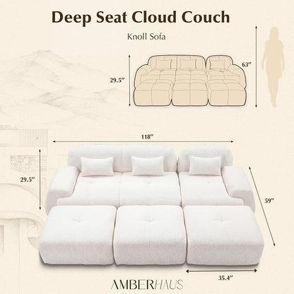 118'' Modular Sectional Cloud Couch Boneless Couches, Oversize Curved Sectional Couches for Living Room, Deep Seat Couch Lambswool Sofa with Ottoman & Throw Pillows, No Assembly, HR Foam