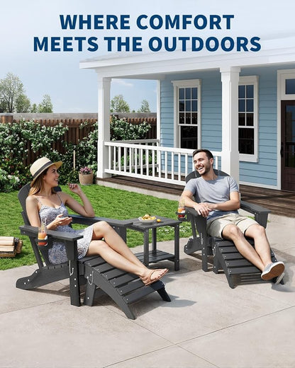 Garvee Folding Adirondack Chair Set of 5, HDPE Outdoor Patio Chair with Cup Holder, All Weather Resistent Wooden Textured for patios, Decks, Gardens, fire Pit, Grey