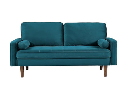 Container Furniture Direct Velvet Tufted Sofas for Living Room, Classic Mid-Century Style with Modern Silhouette, Button Tufting and Wood Legs, Includes 2 Bolster Pillows, Loveseat, Greenish Blue