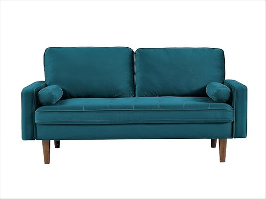 Container Furniture Direct Velvet Tufted Sofas for Living Room, Classic Mid-Century Style with Modern Silhouette, Button Tufting and Wood Legs, Includes 2 Bolster Pillows, Loveseat, Greenish Blue