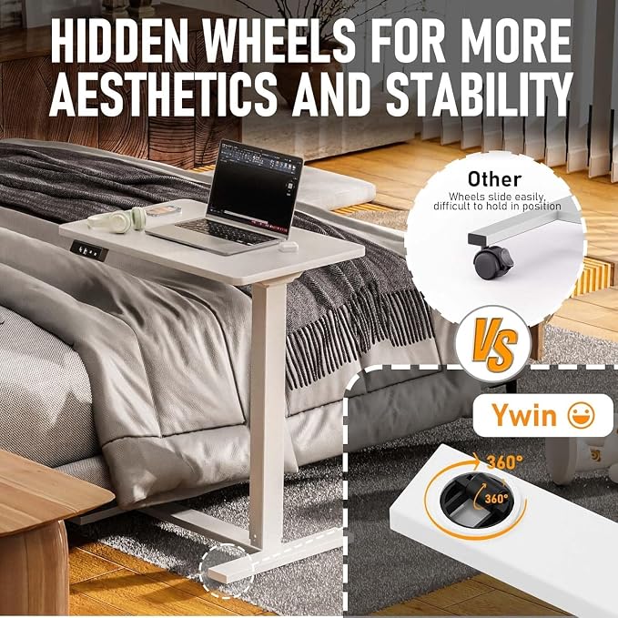 Ywin Electric Overbed Table with Wheels, Height Adjustable | Wood top, 27-43in lift, 77lbs, silent motor, LED, 2 presets, 4 casters, mobile hospital bed table for home/office
