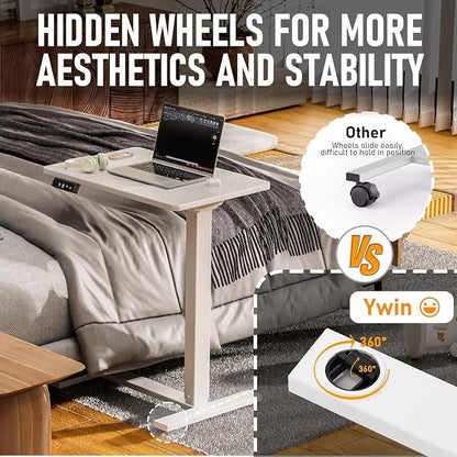 Ywin Electric Overbed Table with Wheels, Height Adjustable | Wood top, 27-43in lift, 77lbs, silent motor, LED, 2 presets, 4 casters, mobile hospital bed table for home/office