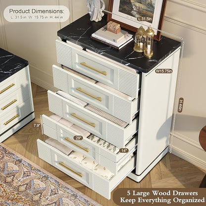 RECHHX Farmhouse 5 Drawers Dresser for Bedroom, 44" Tall Modern Marble-Effect Chest of Drawers, Wooden Thermoformed Curved Dresser Organizer for Bedroom, Living Room, White