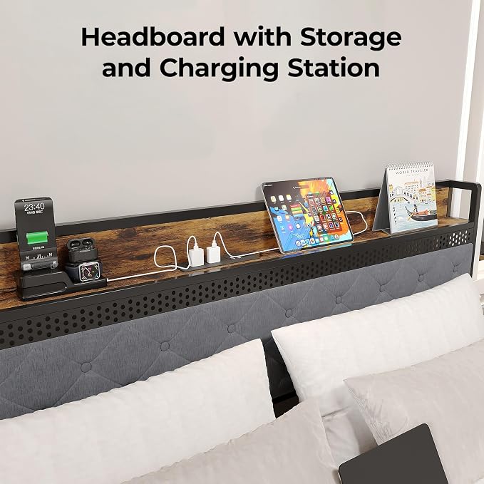 GarveeHome King Bed Frame with 2 Storage Drawers, LED Bed Frame with 2-Tier Storage Headboard&Charging Station, Metal Platform Bed Frame, No Box Spring Needed, Noise Free, Grey