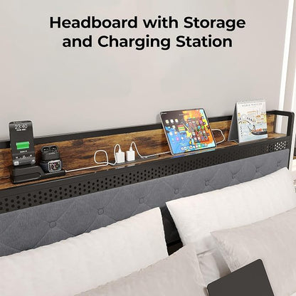 GarveeHome King Bed Frame with 2 Storage Drawers, LED Bed Frame with 2-Tier Storage Headboard&Charging Station, Metal Platform Bed Frame, No Box Spring Needed, Noise Free, Grey